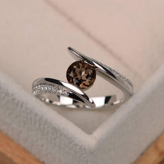 Smoky quartz ring, round cut gemstone ring, brown gemstone ring, engagement ring, bezel setting, sterling sivler