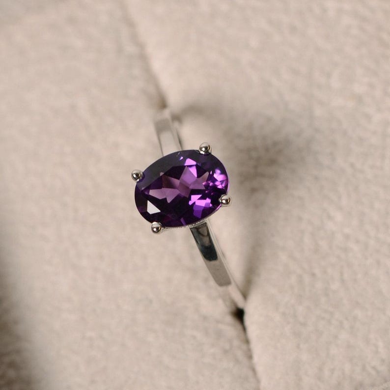 Purple amethyst ring, sterling silver, February birthstone ring, solitaire ring image 1