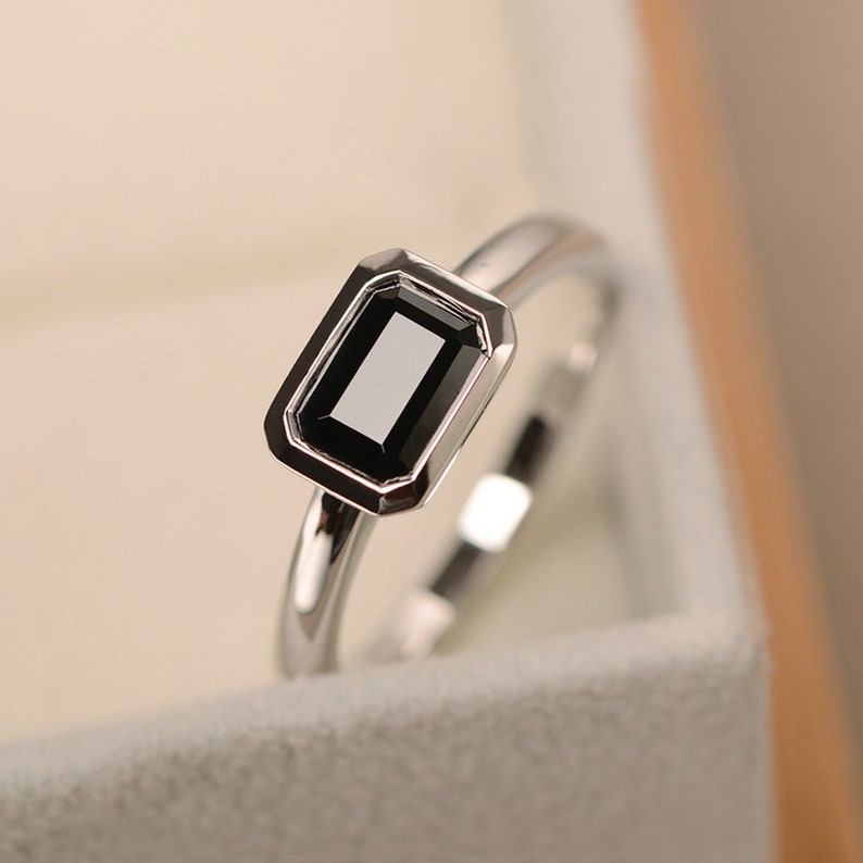 emerald cut solitaire ring Black spinel ring east west ring sterling silver black gemstone ring