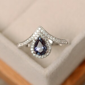 Alexandrite ring, pear cut, silver, engagement ring