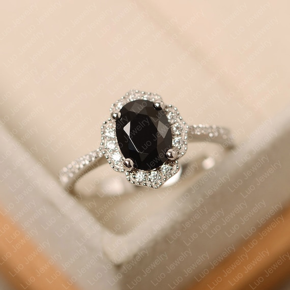 Oval Cut Black Spinel Ring Sterling Silver Engagement Ring