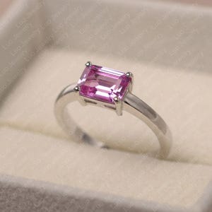 Rosa safirring, smaragdslipad rosa stenring, jubileumsring i sterlingsilver för kvinnor bild 2