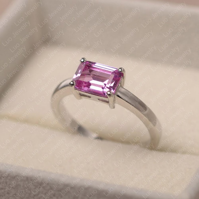 Rosa safirring, smaragdslipad rosa stenring, jubileumsring i sterlingsilver för kvinnor bild 2