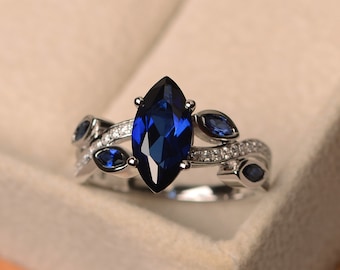 sapphire ring, marquise cut ring, sterling silver