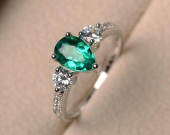 Pear cut gemstone, lab emerald ring, engagement ring, green gemstone ring, sterling silver ring, May birthstone ring