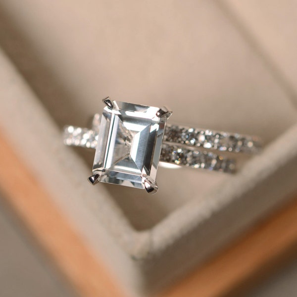 White topaz engagement ring, sterling silver, emerald cut, wedding set,November birthstone