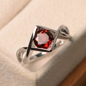Engagement rings, natural garnet rings, January birthstone, round cut red gemstone, sterling silver rings, solitaire rings