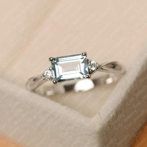 Aquamarine ring, emerald cut, March birthstone, white gold, engagement ring for womne