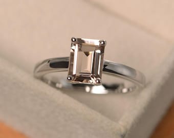 Natural morganite ring, emerald cut pink gemstone ring, solitaire ring, anniversary ring, romantic gift for her