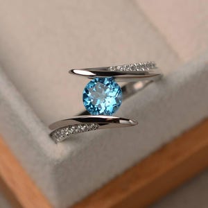 Swiss blue topaz ring, topaz engagement ring, sterling silver ring, blue gemstone ring, round cut gemstone