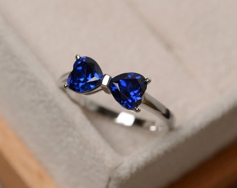 Lab sapphire ring, double stone, sapphire engagement ring, sterling silver