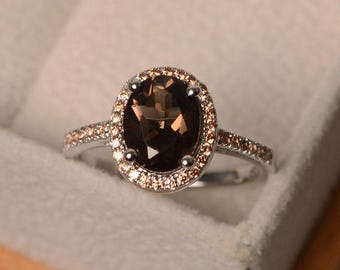 Natural smoky quartz ring, halo ring, oval cut brown gemstone, sterling silver ring, engagement ring