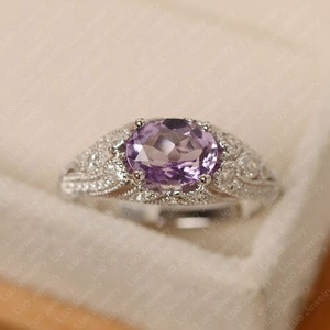Amethyst ring, oval cut, purple stone ring, February birthstone, sterling silver, engagement ring