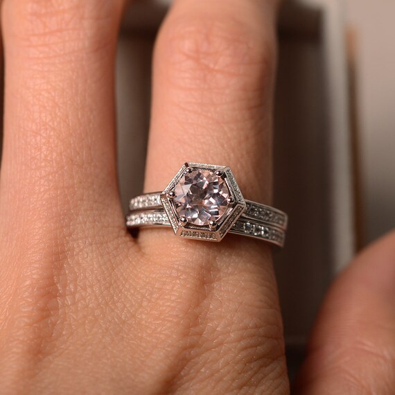 Morganite Engagement Ring Pink Morganite Hexagon Ring Etsy