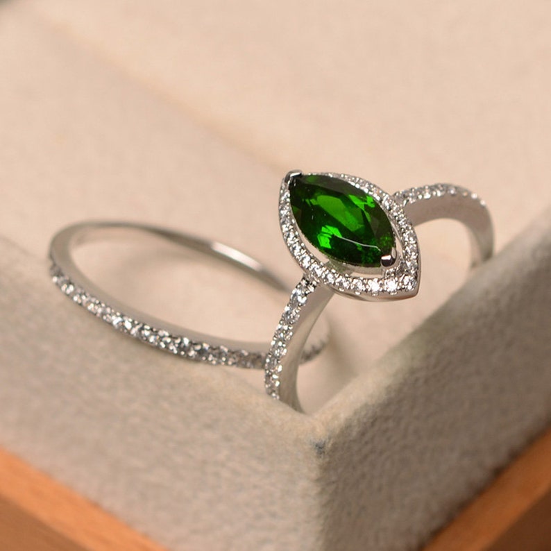 Natural diopside ring sterling silver ring promising ring for women halo ring marquise cut green gemstone