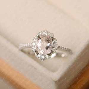 morganite ring, oval cut, pink stone ring, sterling silver, halo wedding ring
