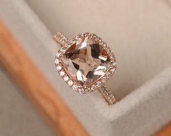 Anello con morganite, oro rosa, morganite rosa, anelli di fidanzamento, anello con pietra preziosa, taglio cuscino
