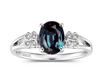 Vintage Oval Cut Alexandrite Engagement Ring Color Changing Gemstone Ring Leaf Clover Ring Promise Ring