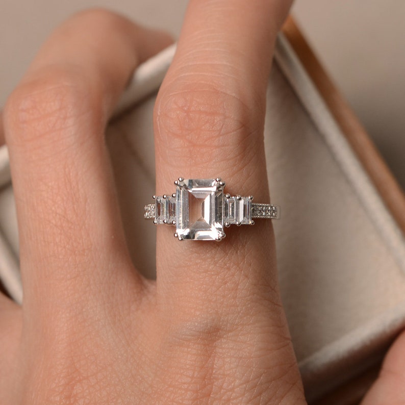 White Topaz Engagement Ring Sterling Silver Emerald Cut Etsy
