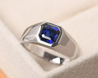 Retro sapphire anniversary ring for men, asscher cut September birthstone ring,gifts for him Christmas