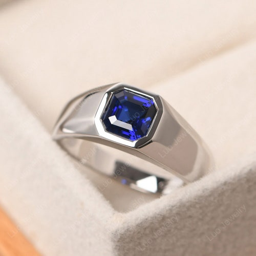 Bezel Setting Silver Ring for Men Asscher Cut Green Sapphire - Etsy
