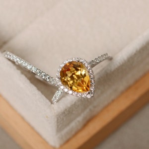 Citrine engagement rings set, sterling silver, 2 rings bridal set, yellow crystal, November birthstone