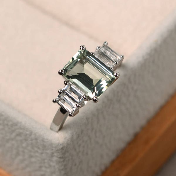 Natural green amethyst rings, promise ring, emerald cut green gemstone, sterling silver ring, unique rings