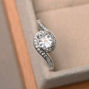 White topaz ring, round cut, sterling silver, engagement ring for women