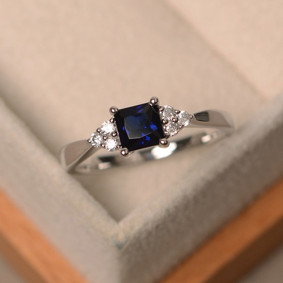 White Gold Blue Sapphire Florentine Princess Cut Engagement Ring