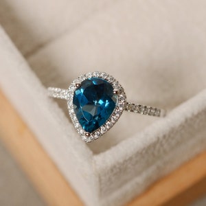 Blue topaz ring, pear engagement ring, sterling silver, pear shaped ring image 3