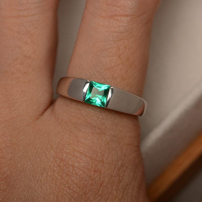 Emerald ring, engagement ring, green gemstone ring, solitaire ring, sterling silver, princess cut image 4