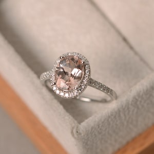 Natural morganite wedding ring, sterling silver, pink gemstone, vintage halo ring image 3