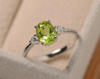 Natural peridot ring silver, oval gemstone, August birthstone,cocktail rings for women