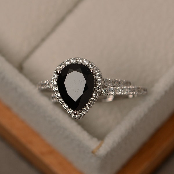 Natural black spinel bridal set, sterling silver, pear shaped halo wedding ring sets, stackable ring