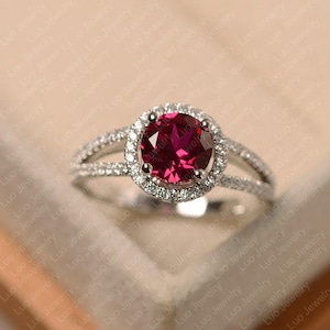 Round ruby ring, July birthstone red stone ring , sterling silver, engagement ring for women