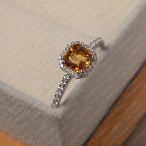 Asscher cut citrine ring, 14k gold ring,solid silver, yellow gemstone ring,unique wedding ring
