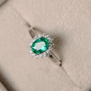 Lab grown emerald ring, may birthstone, sterling silver, promise ring