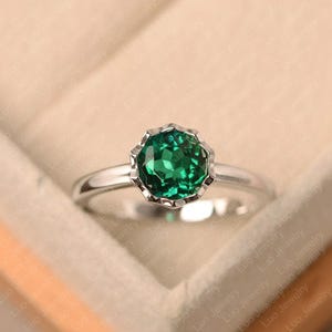 Green emerald ring, May birthstone round cut ring, white gold engagement ring for women