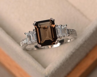 Natural smoky quartz ring, emerald cut engagement ring, gemstone ring silver, promise ring