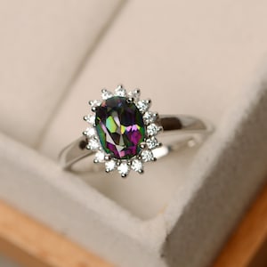 Rainbow topaz ring, oval cut ring, halo ring, mystic topaz ring, silver, engagement ring