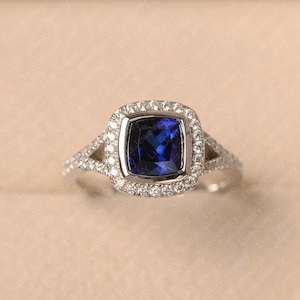 Blue sapphire ring, September birthstone, cushion cut, sterling silver, halo anniversary ring for women
