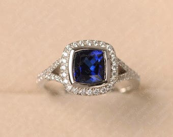 Blue sapphire ring, September birthstone, cushion cut, sterling silver, halo anniversary ring for women