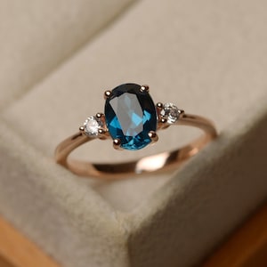 London blue topaz ring , wedding ring, oval cut ring, 14k rose gold,November birthstone