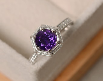 Amethyst Verlobungsring, Ehering, lila Edelstein, Februar Geburtsstein Ring, Sterling Silber