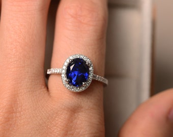 Blue Gemstone Sapphire Ring Halo Anniversary Ring Sterling Silver September Birthstone Oval Cut
