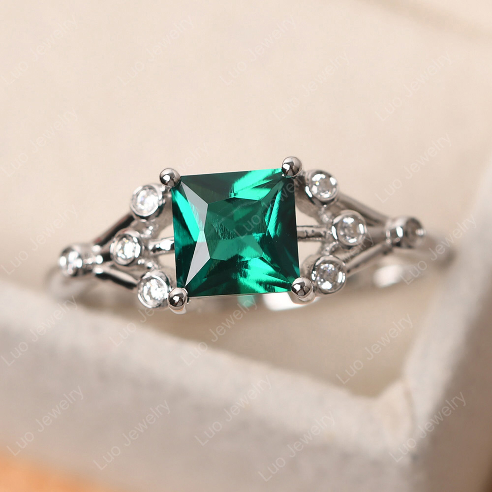 Princess Cut 6x6 Mm Emerald Engagement Ring 14k Gold Custom Multi