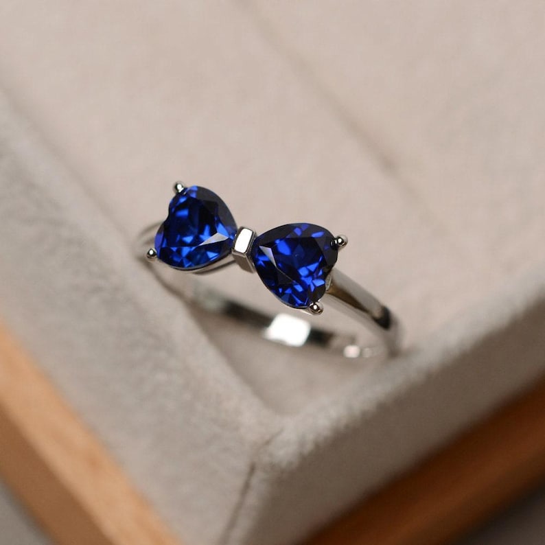 Lab sapphire ring, double stone, sapphire engagement ring, sterling silver image 1