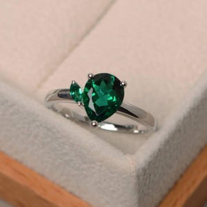emerald ring, emerald promise ring, May birthstone, sterling silver, green gemstone ring, pear cut gemstone