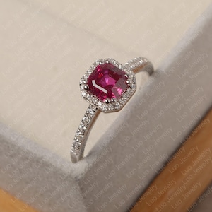 July birthstone ring, red ruby ring, asscher cut, ruby silver ring, ruby promise ring