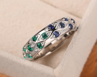 Sapphire and emerald and ruby ring for men,multi stone wedding band,silver stacking eternity Ring
